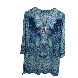 Chico's Blouse Women's 1 Sequin Beaded V-Neck 3/4 Sleeve Colorful Boho Tunic